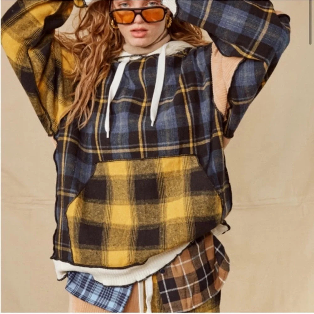 Jaded London Blue and Yellow Plaid Oversized Hoodie